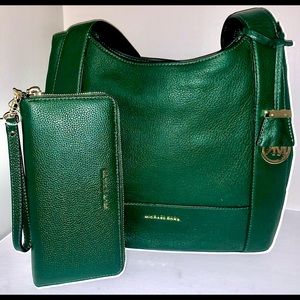 NWT Michael Kors Marlon Shoulder Tote Moss &NWT Mercer Travel continental Wallet